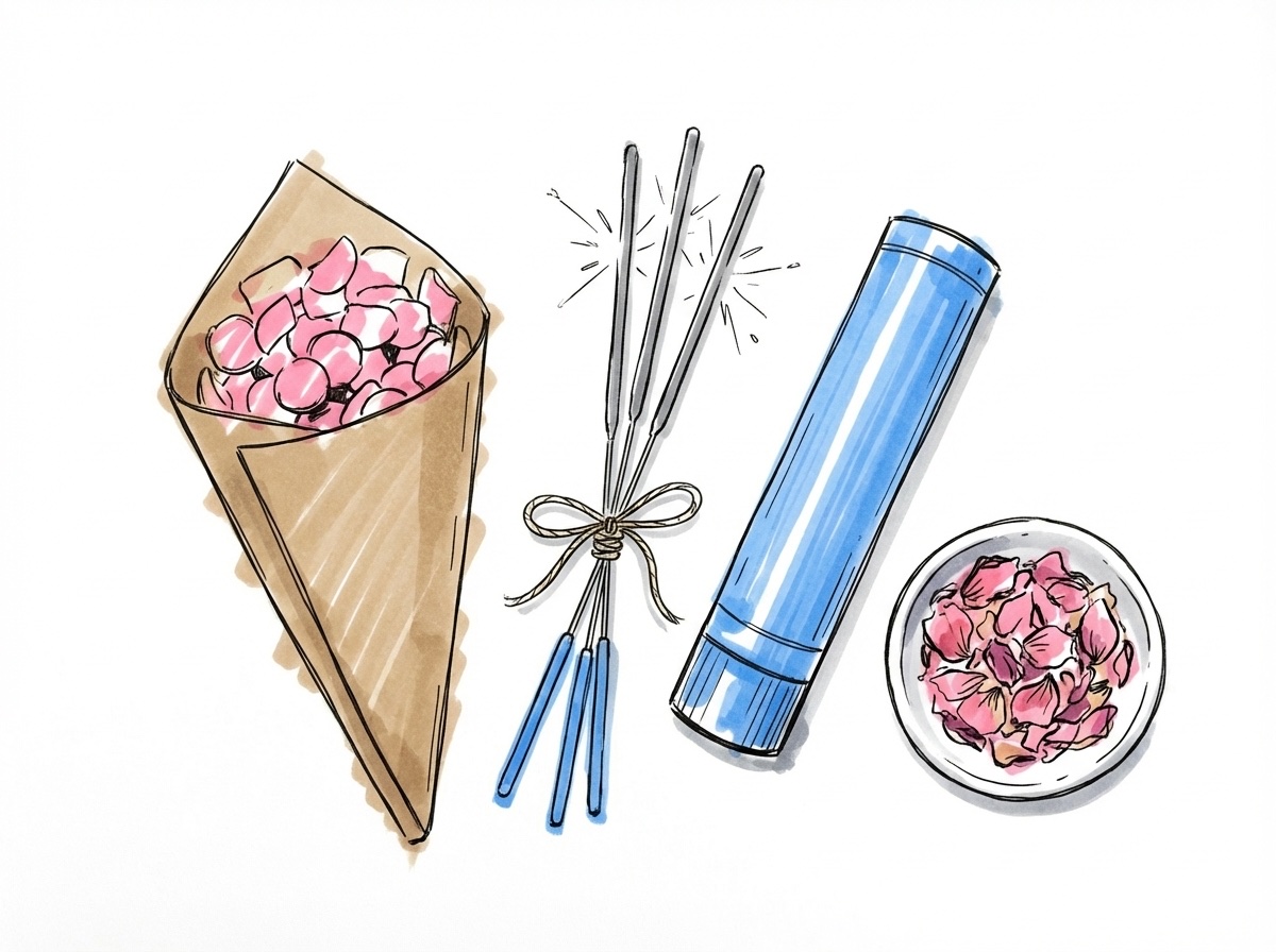 Olika typer av bröllopseffekter uppradade — konfetti, tomtebloss, konfettikanon och rökfackla — i Lovios rosa och blå illustrationsstil