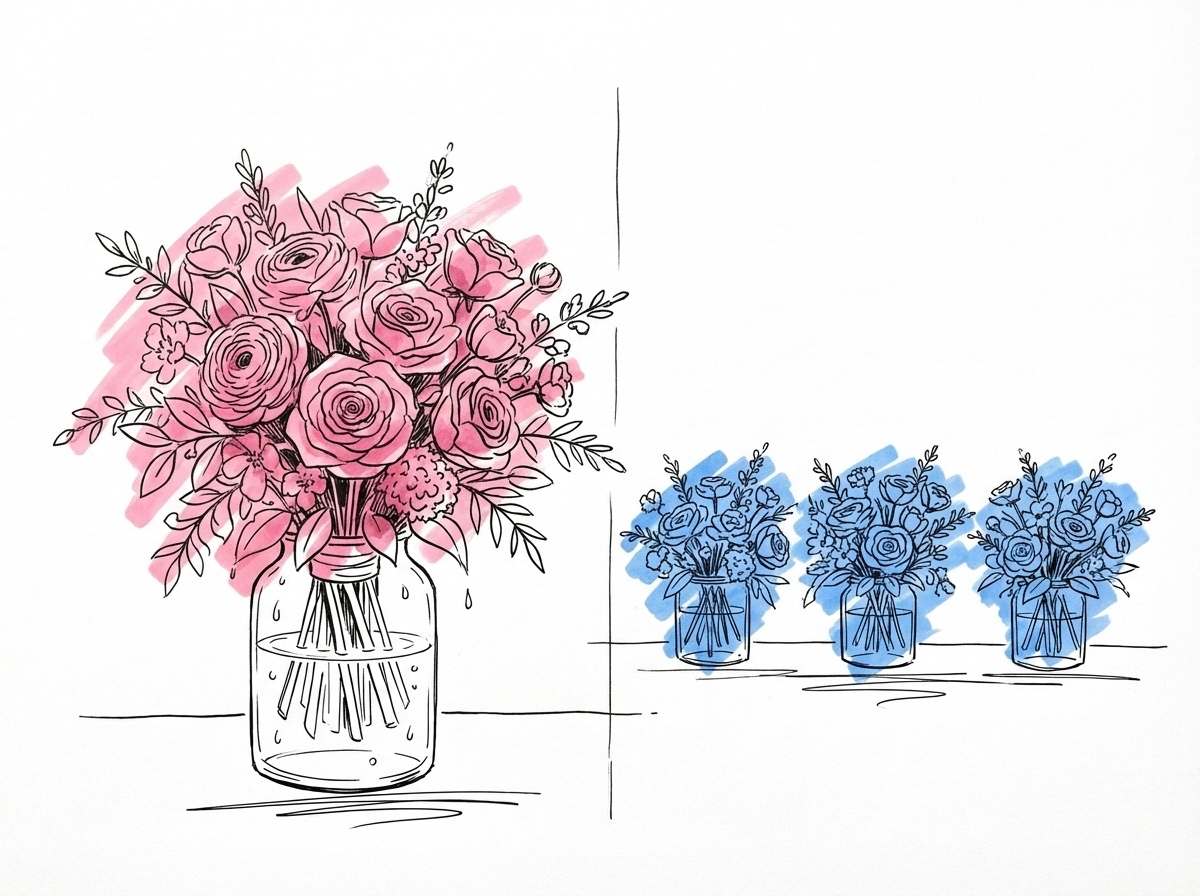 Delad scen — en färsk brudbukett i en vas med vatten på ena sidan, flera identiska bordsarrangemang utan vatten på andra sidan, i Lovios rosa och blå illustrationsstil