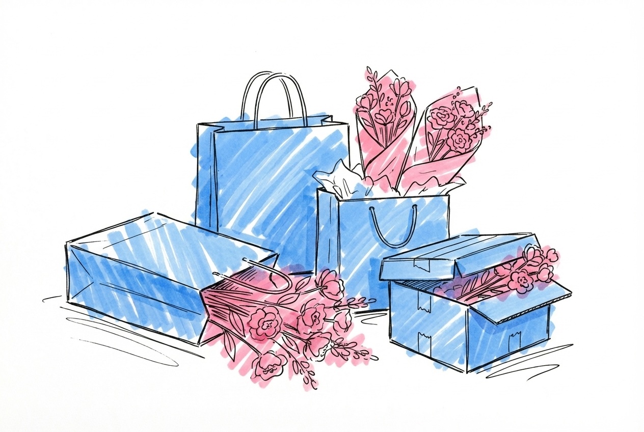 Shoppingpåsar och inslagna buntar av blomstjälkar upplagda på en yta, i Lovios rosa och blå illustrationsstil