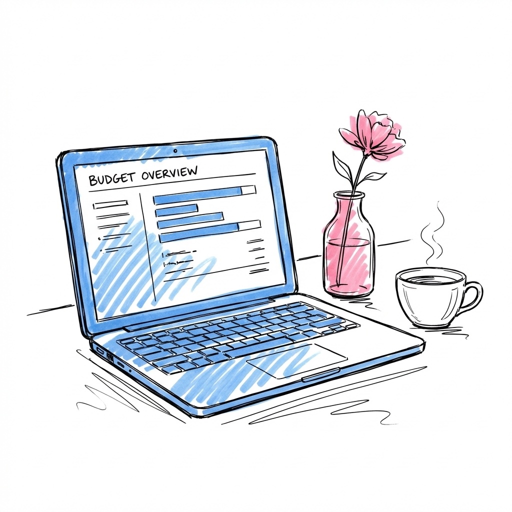 Laptopskärm med budgetöversikt med blomsterrelaterade rader, en liten vas med en enstaka stjälk och en kaffekopp bredvid, i Lovios rosa och blå illustrationsstil