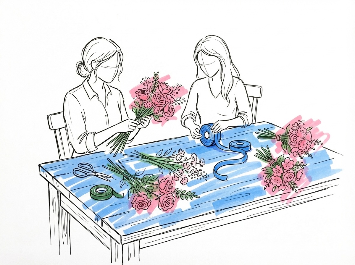 Två personer vid ett köksbord som bygger en bukett tillsammans, lösa blommor, sax och satinband utspridda, i Lovios rosa och blå illustrationsstil