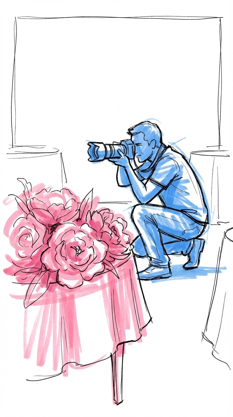 Fotograf som hukar sig för att ta ett närbild av ett bordsarrangemang, blommorna i förgrunden, i Lovios rosa och blå illustrationsstil