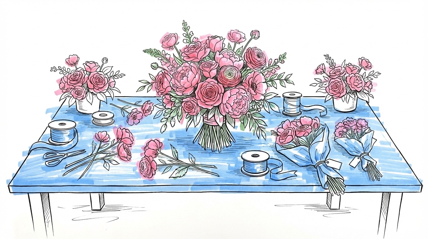Brett upplägg av bröllopsblommor på ett bord — brudbukett, lösa stjälkar, små bordsarrangemang och ett band, i Lovios rosa och blå illustrationsstil