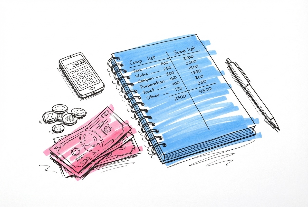 Anteckningsbok med en enkel tvåkolumnslista, en penna och mynt arrangerade bredvid, i Lovios rosa och blå illustrationsstil