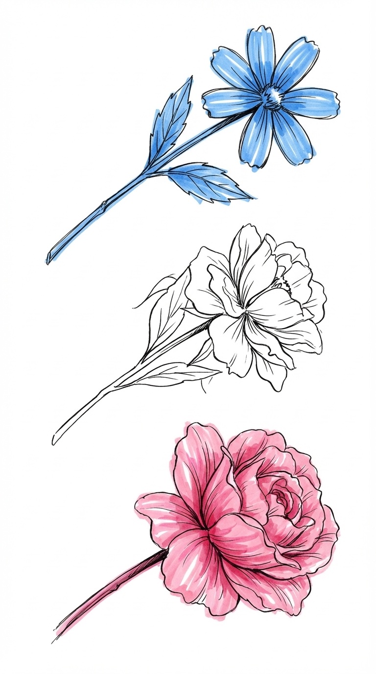 Tre blomstjälkar arrangerade vertikalt — från en styv grundnivå till en frodig realistisk blomma, i Lovios rosa och blå illustrationsstil