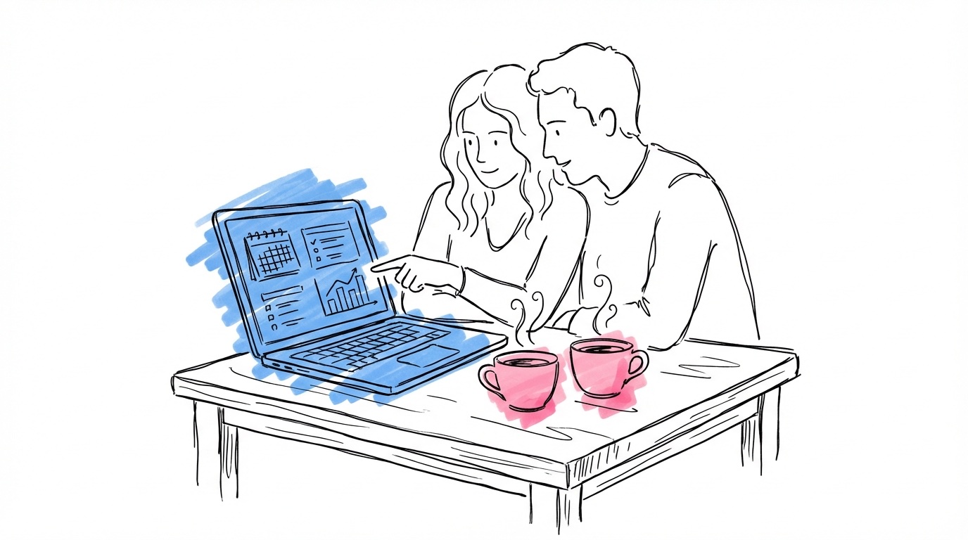 Par planerar bröllop vid laptop med planeringsverktyg