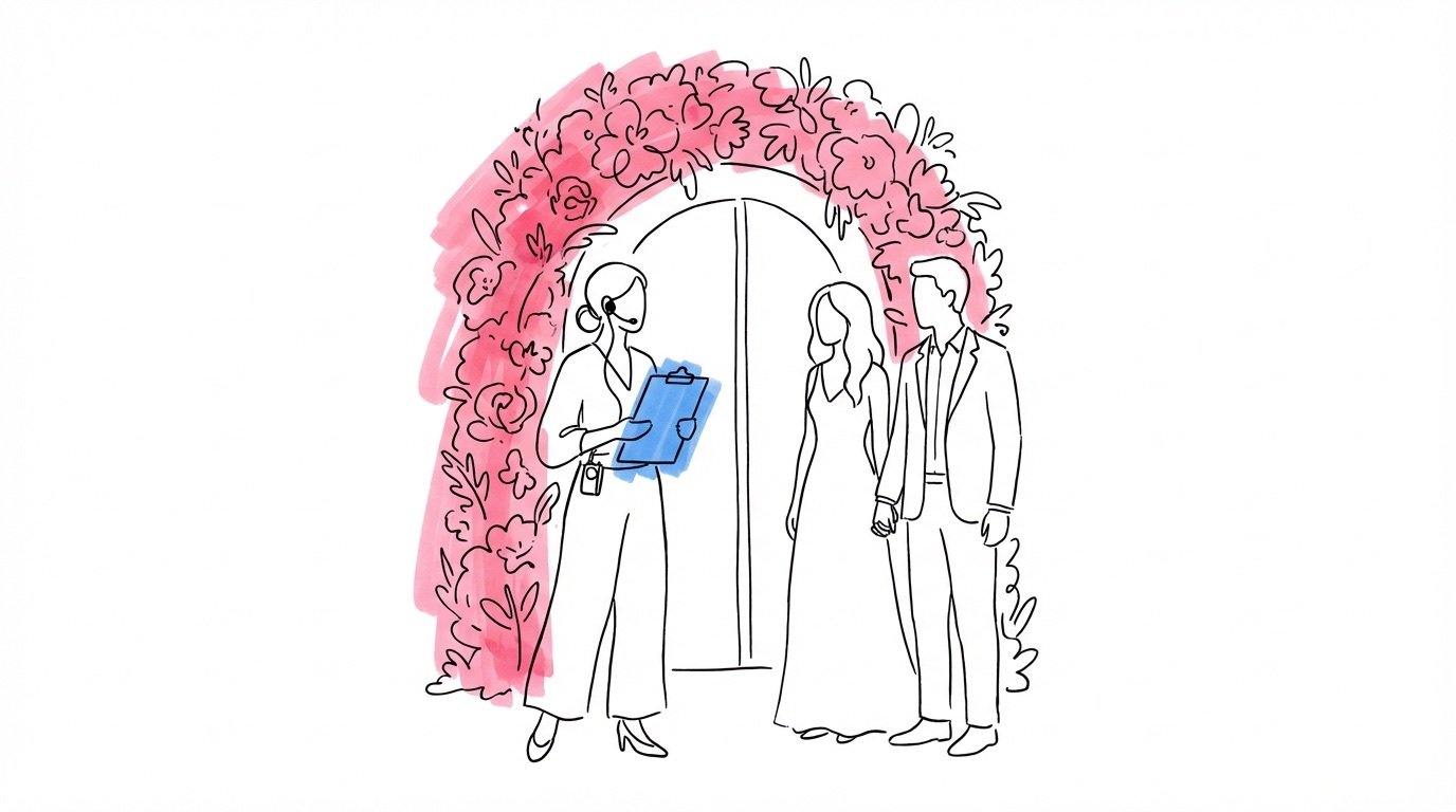 Bröllopskoordinator med clipboard bredvid brudpar