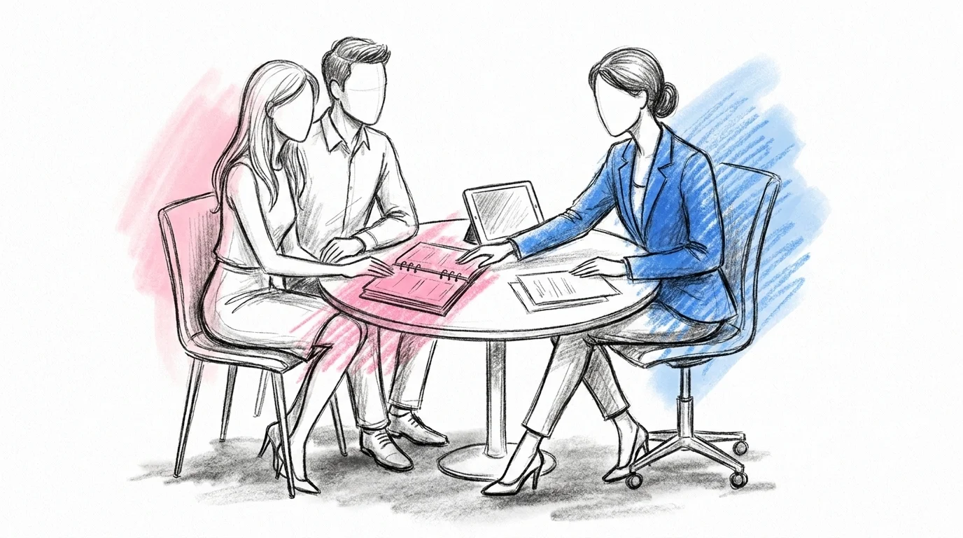 Brudpar i möte med bröllopskoordinator vid skrivbord med planeringsmaterial — öppen planner, dokument och tablet — i Lovios rosa och blå illustrationsstil