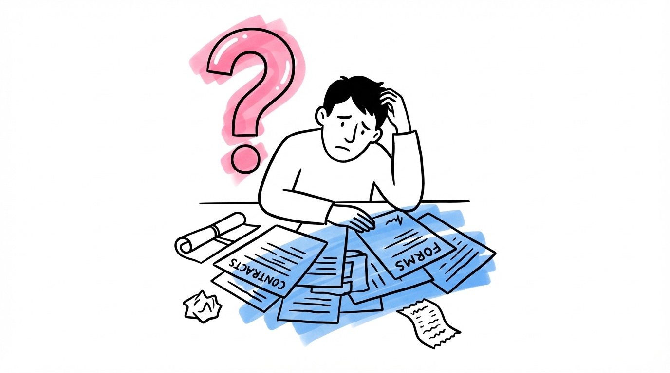 Person ser förvirrad ut bland kontrakt och papper