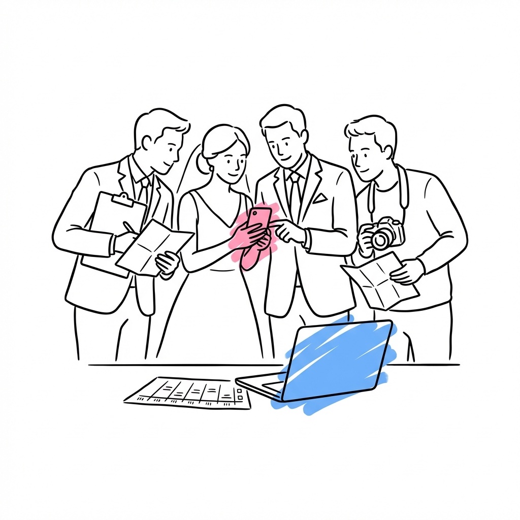 Delning av körschema med toastmaster, fotograf och leverantörer