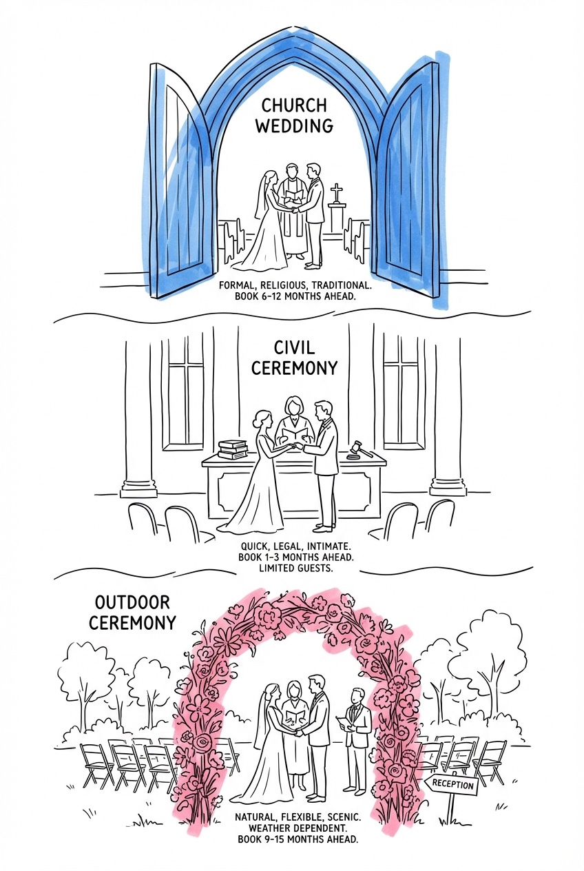 Skillnader i körschema mellan kyrklig, borgerlig och utomhus vigsel