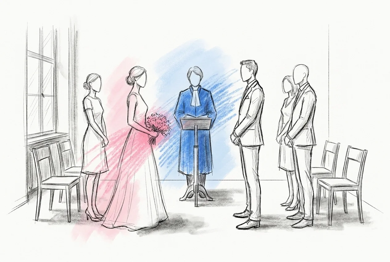 Stadshus interiör med en vigselförrättare i mitten, brudpar och två vittnen — ljus, stillsam scen i Lovios rosa och blå illustrationsstil
