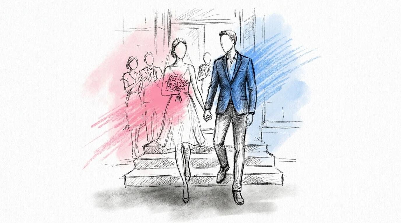 Brudpar går ut från rådhuset efter en enkel borgerlig vigsel, två vittnen i bakgrunden, små buketter i händerna — i Lovios rosa och blå illustrationsstil