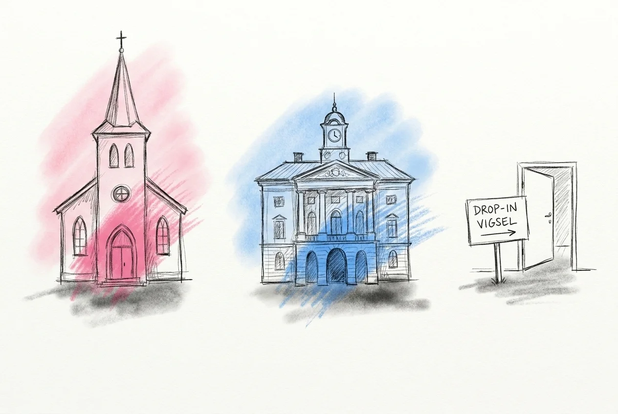 Tre symboler sida vid sida — en kyrkfasad, ett stadshus och en drop-in-skylt — som visualiserar de tre vigselalternativen i Lovios rosa och blå illustrationsstil