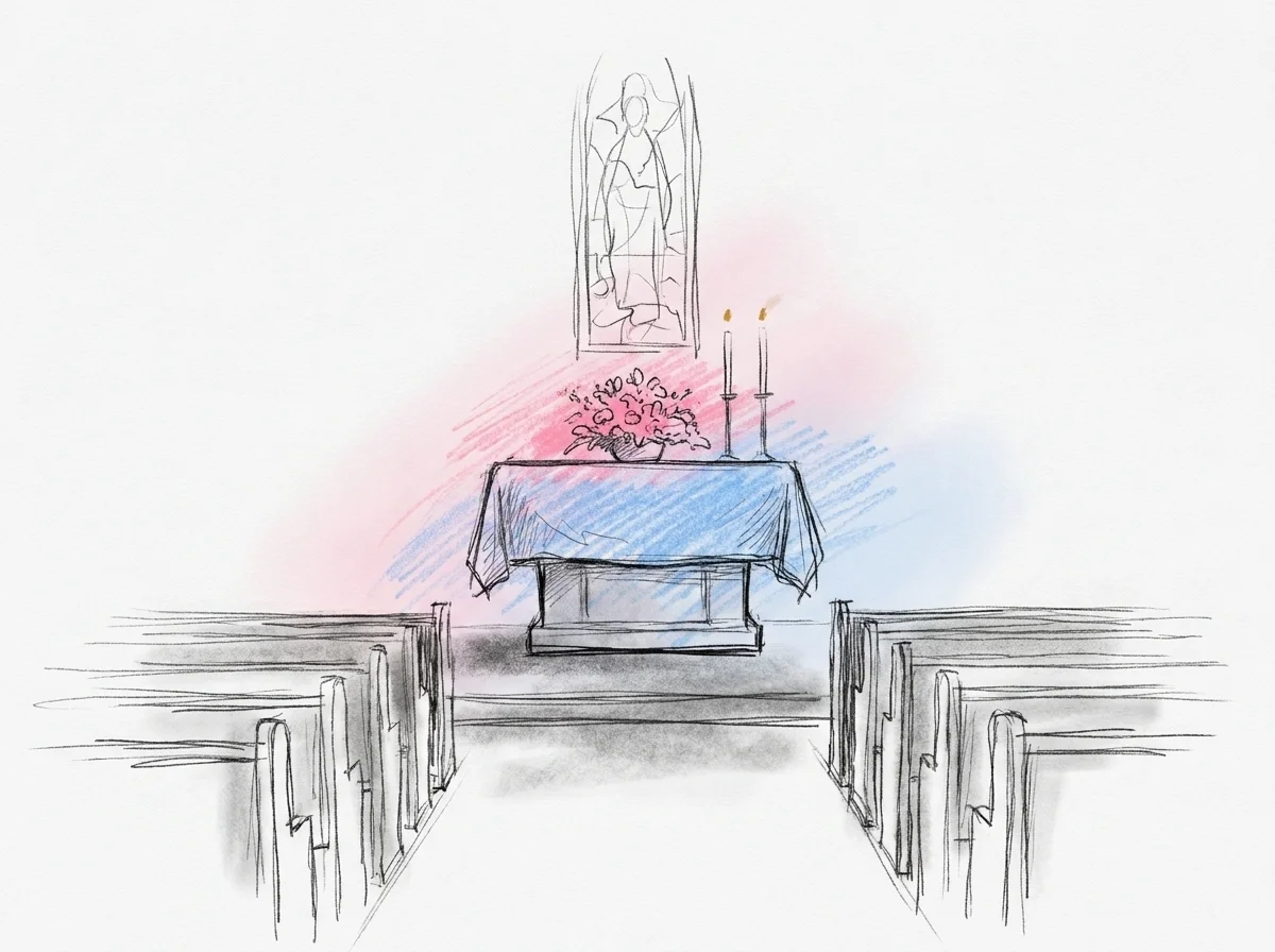 Kyrkointeriör med altare, blommor i koret och två stearinljus — lugn, kontemplativ stämning i Lovios rosa och blå illustrationsstil