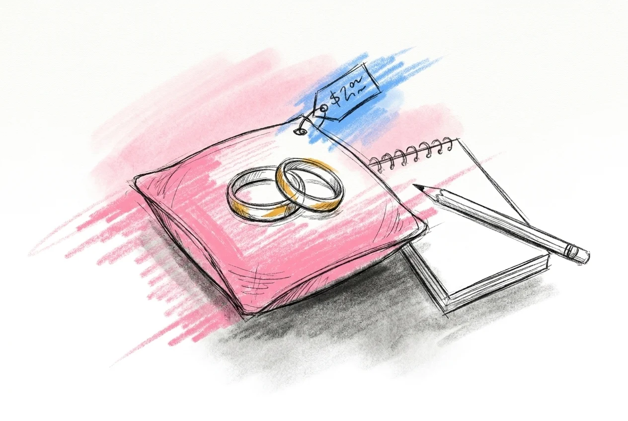 Närbild på två guldringar på ett bord med en liten prislapp eller anteckningsbok bredvid — i Lovios rosa och blå illustrationsstil