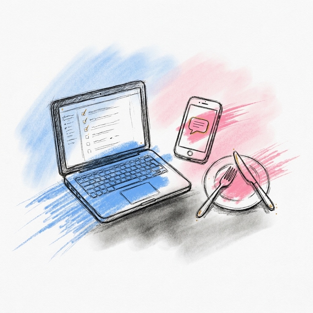 Öppen bärbar dator med en enkel gästlista med små bockar, bredvid en telefon med en meddelandebubbla och en liten tallrik med gaffel och kniv, i Lovios rosa och blå illustrationsstil