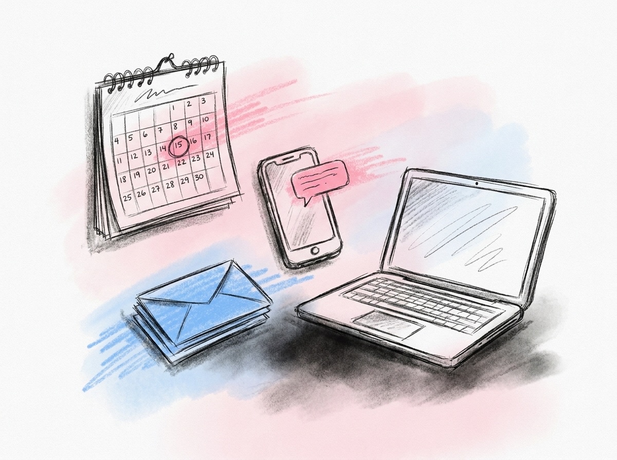 En väggkalender med ett inringat datum, en telefon med en kort meddelandebubbla och en liten hög med returnerade svarskort bredvid en bärbar dator, i Lovios rosa och blå illustrationsstil
