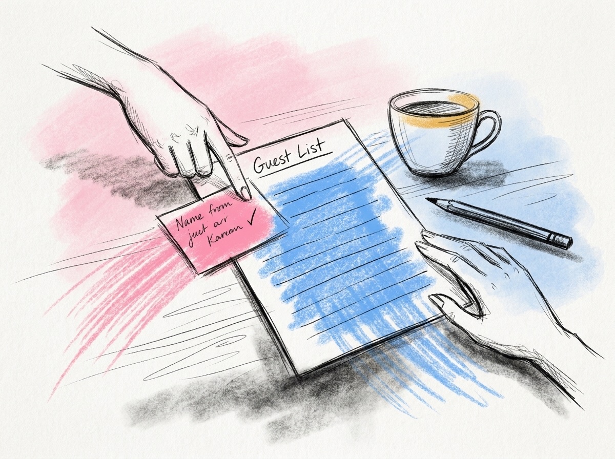 En gästlista på ett bord med några bockade namn och en liten handskriven lapp vid ett av dem, bredvid en penna och en kaffekopp, med två händer varav en pekar på listan, i Lovios rosa och blå illustrationsstil