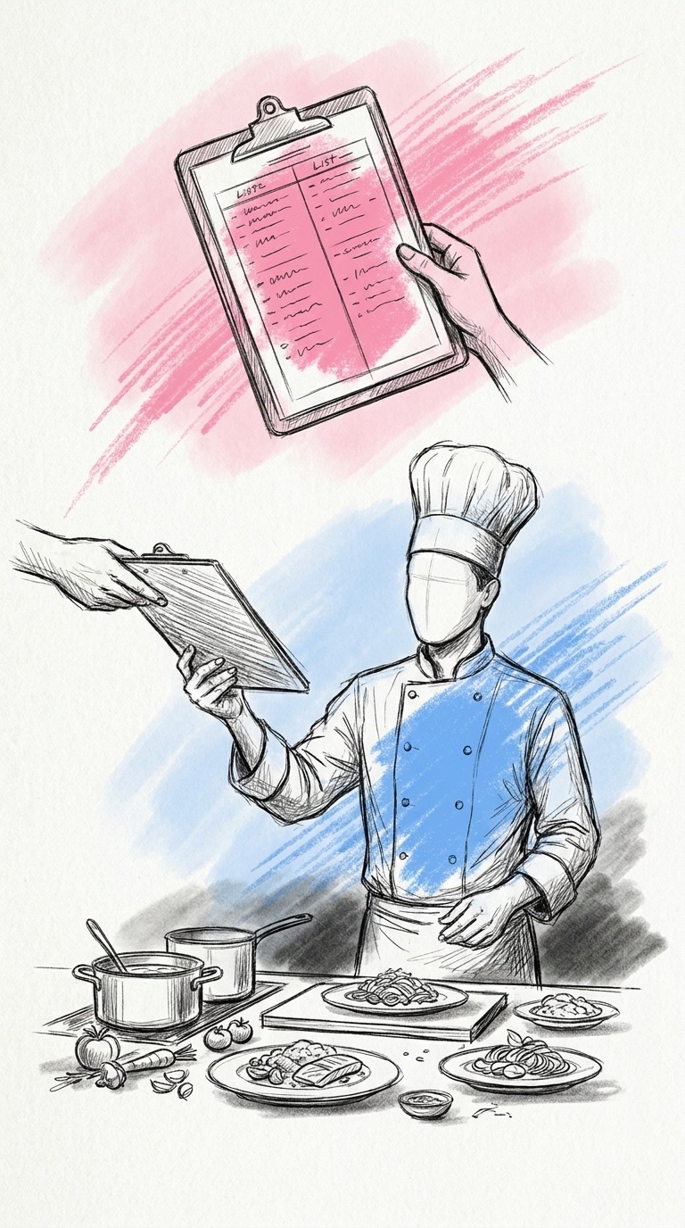 Lodrät komposition med en skrivplatta med en tydligt uppdelad lista överst, en hand som lämnar över den till en kock med hög mössa i mitten och en serveringslucka med tallrikar som görs i ordning nederst, i Lovios rosa och blå illustrationsstil