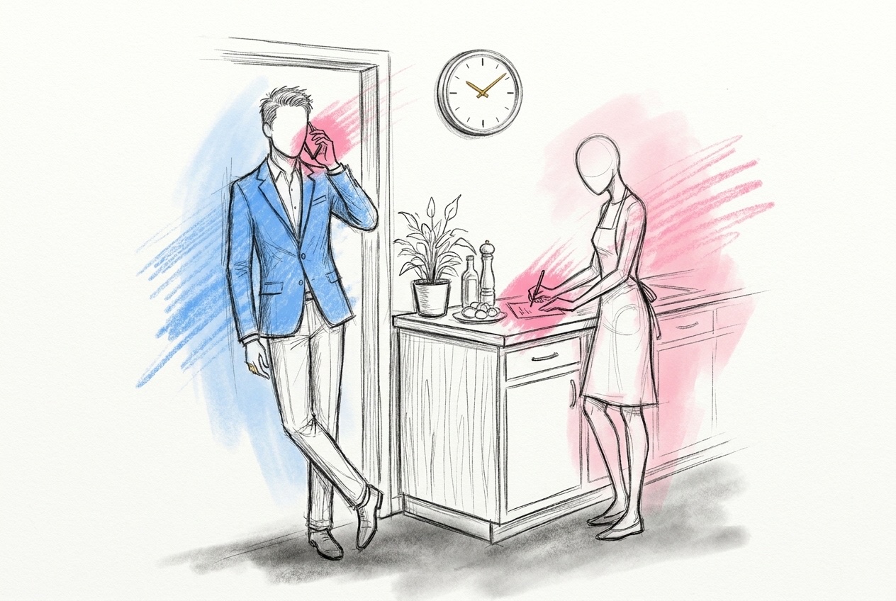 Ett brudpar i ett kök som pratar i telefon medan en cateringkock vid en bänk skriver en anteckning och en klocka hänger på väggen, i Lovios rosa och blå illustrationsstil