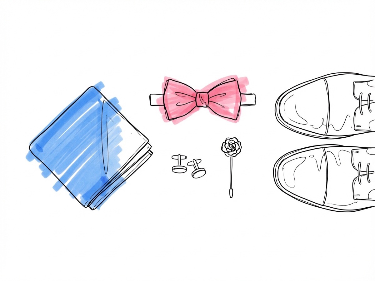 Flat lay med bröllopsaccessoarer på träyta — brostnäsduk, manschettknappar, slips, kavajnål med blomma och putsade läderskor i Lovios illustrationsstil