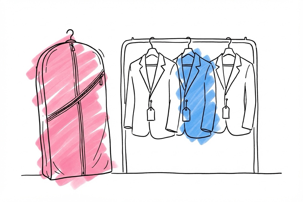 Delad scen — en person bär en kostym i klädpåse ut ur en butik, på andra sidan en rack med hyreskostymer med prislappar i Lovios illustrationsstil