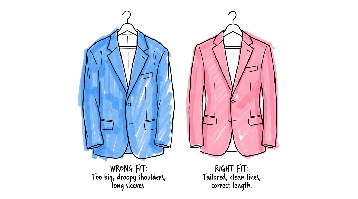 Två kavajgalgar sida vid sida — en med dålig passform och hängande axlar, en som sitter perfekt, instruerande kontrast i Lovios illustrationsstil