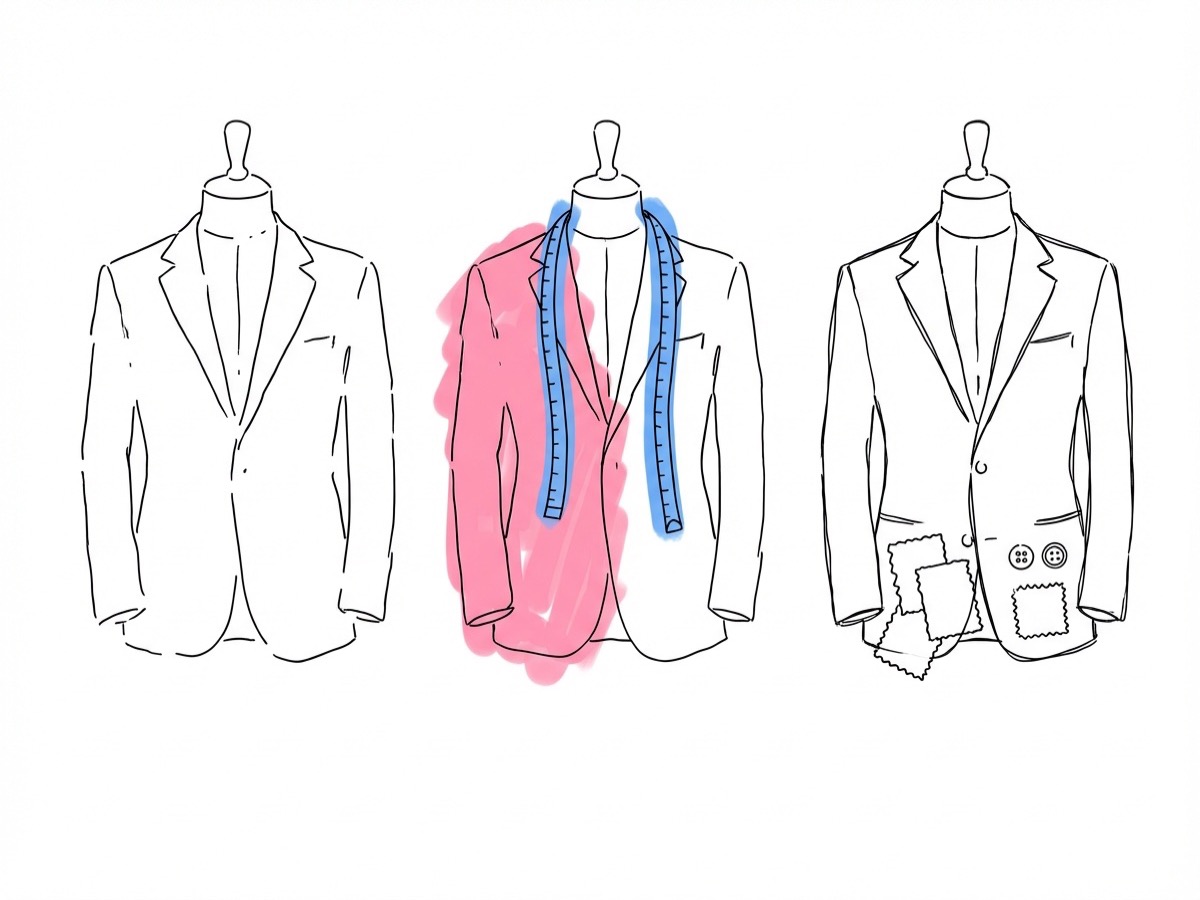 Tre kostymer uppradade på skyltdockor med stigande detaljnivå — en enkel, en med måttband, en med tygprover och knappar i Lovios illustrationsstil