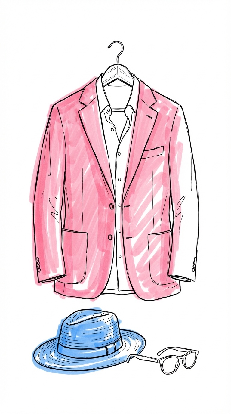 Linnekostym i avslappnad sommarstil hängande på en dörr med solljus, stråhatt och solglasögon bredvid i Lovios illustrationsstil