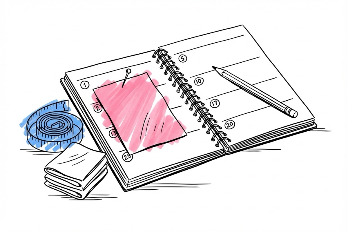 Öppen kalender på ett skrivbord med markerade datum, tygprover och måttband bredvid i Lovios illustrationsstil