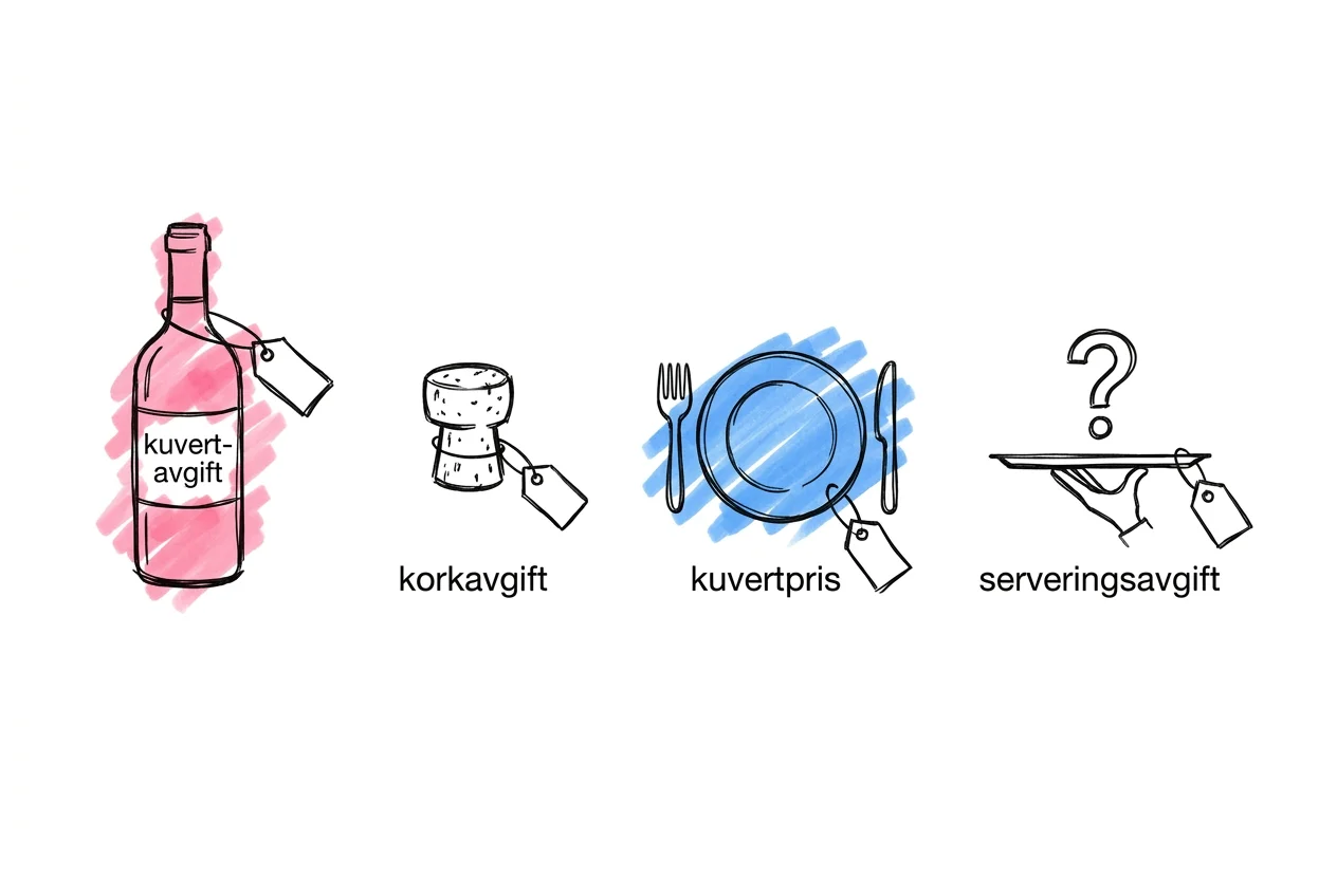 Fyra små etiketterade ikoner sida vid sida — vinflaska med prislapp för kuvertavgift, vinkork med prislapp för korkavgift, tallrik med prislapp för kuvertpris och serveringsbricka med frågetecken för serveringsavgift, i Lovios rosa och blå illustrationsstil