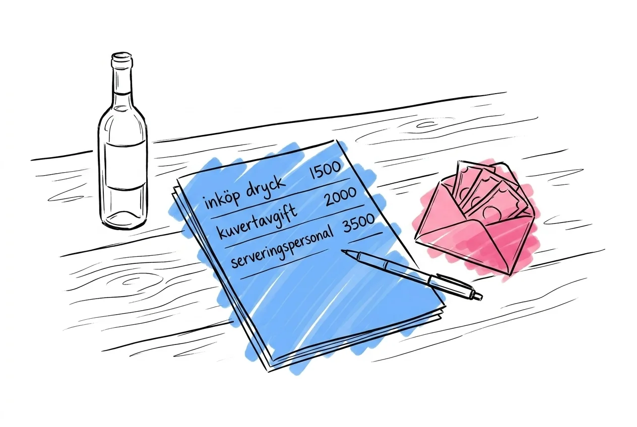 Ett enkelt budgetblad på ett skrivbord med tre etiketterade rader synliga — inköp dryck, kuvertavgift, serveringspersonal — en penna vilande på sidan och en liten flaska bredvid, i Lovios rosa och blå illustrationsstil