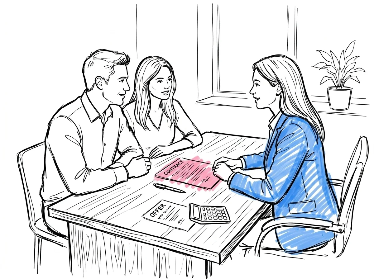 Två personer sitter mittemot en lokalvärd över ett skrivbord, ett kontrakt och en penna mellan dem, en liten offert och en kalkylator på bordet, i Lovios rosa och blå illustrationsstil