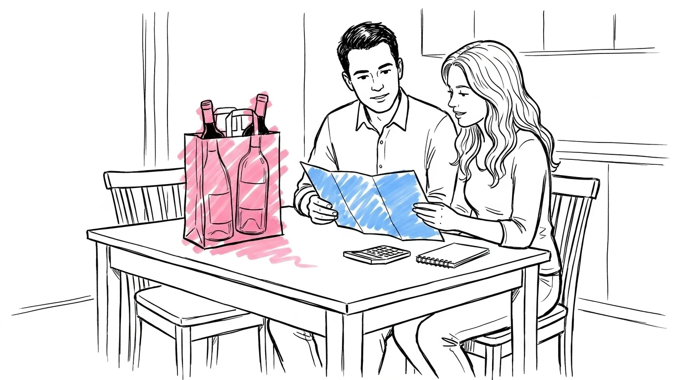 Brudpar vid köksbordet går igenom en bröllopsoffert med en Systembolaget-påse, kalkylator och anteckningsblock bredvid, i Lovios rosa och blå illustrationsstil