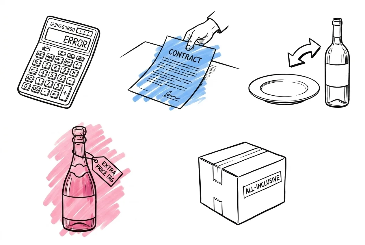 En sammansatt scen med små vinjetter av de fem misstagen — kalkylator med missad rad, kontrakt sent på bordet, tallrik och flaska med förvirrad pil mellan, champagneflaska med extra prislapp och en förseglad all inclusive-låda, i Lovios rosa och blå illustrationsstil