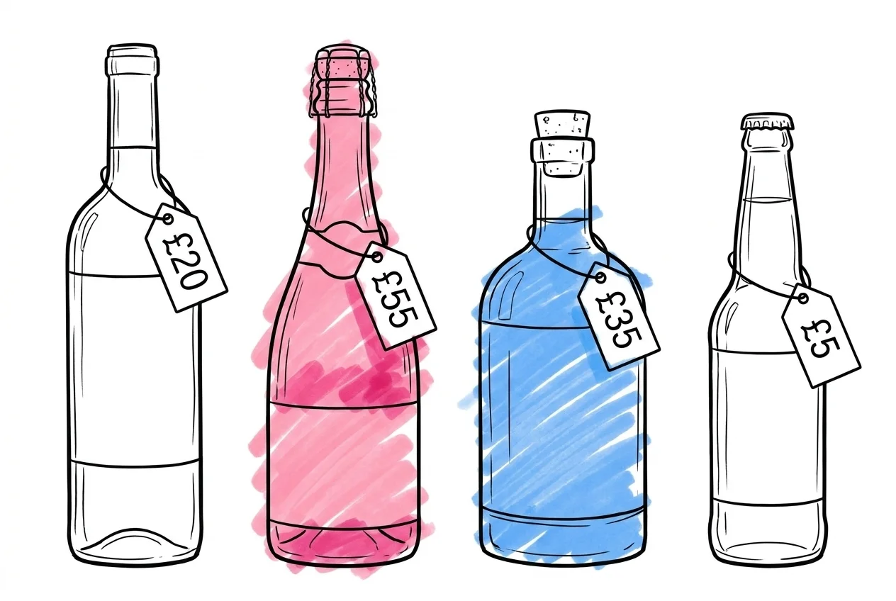 Fyra flaskor uppställda sida vid sida — vinflaska, champagneflaska, spritflaska och ölflaska — med små numeriska prislappar hängande från varje hals, i Lovios rosa och blå illustrationsstil