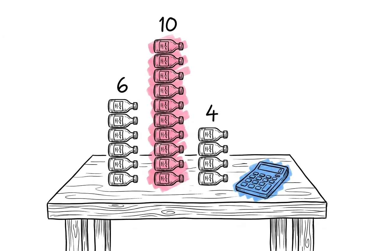 Stapeldiagram med tre kolumner sida vid sida, varje gjord av små flaskikoner med en summa ovanför, en kalkylator bredvid kolumnerna, i Lovios rosa och blå illustrationsstil
