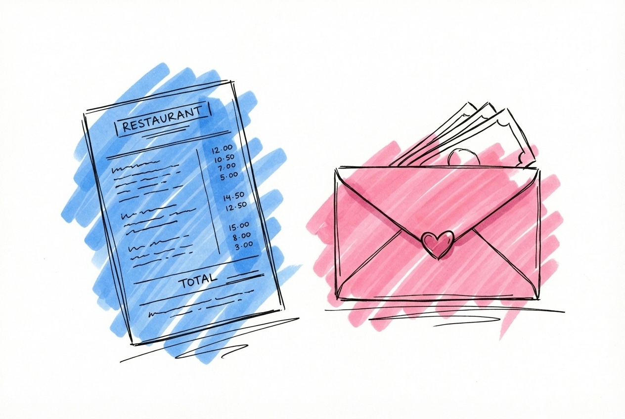 En restaurangräkning till vänster och ett presentkuvert med pengar till höger, som illustrerar skillnaden mellan kuvertpris och kuvertavgift, i Lovios rosa och blå illustrationsstil