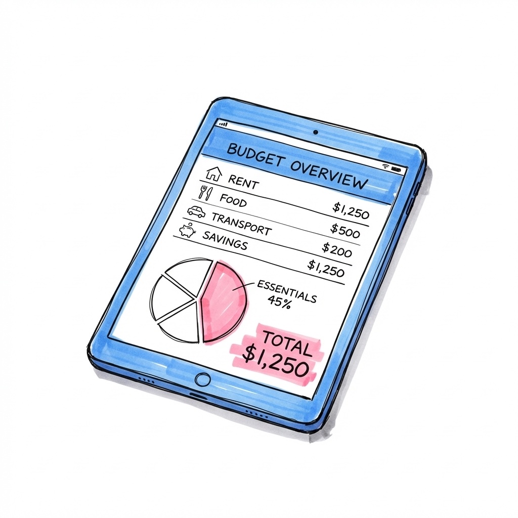 En telefon eller surfplatta som visar en budgetöversikt med kategoriserade poster och en total, i Lovios rosa och blå illustrationsstil