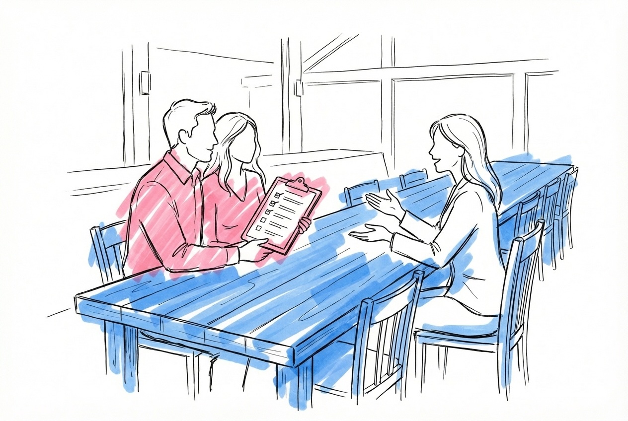 Ett par i samtal med en lokalkoordinator vid ett långt bord i en festlokal, paret håller en checklista, i Lovios rosa och blå illustrationsstil
