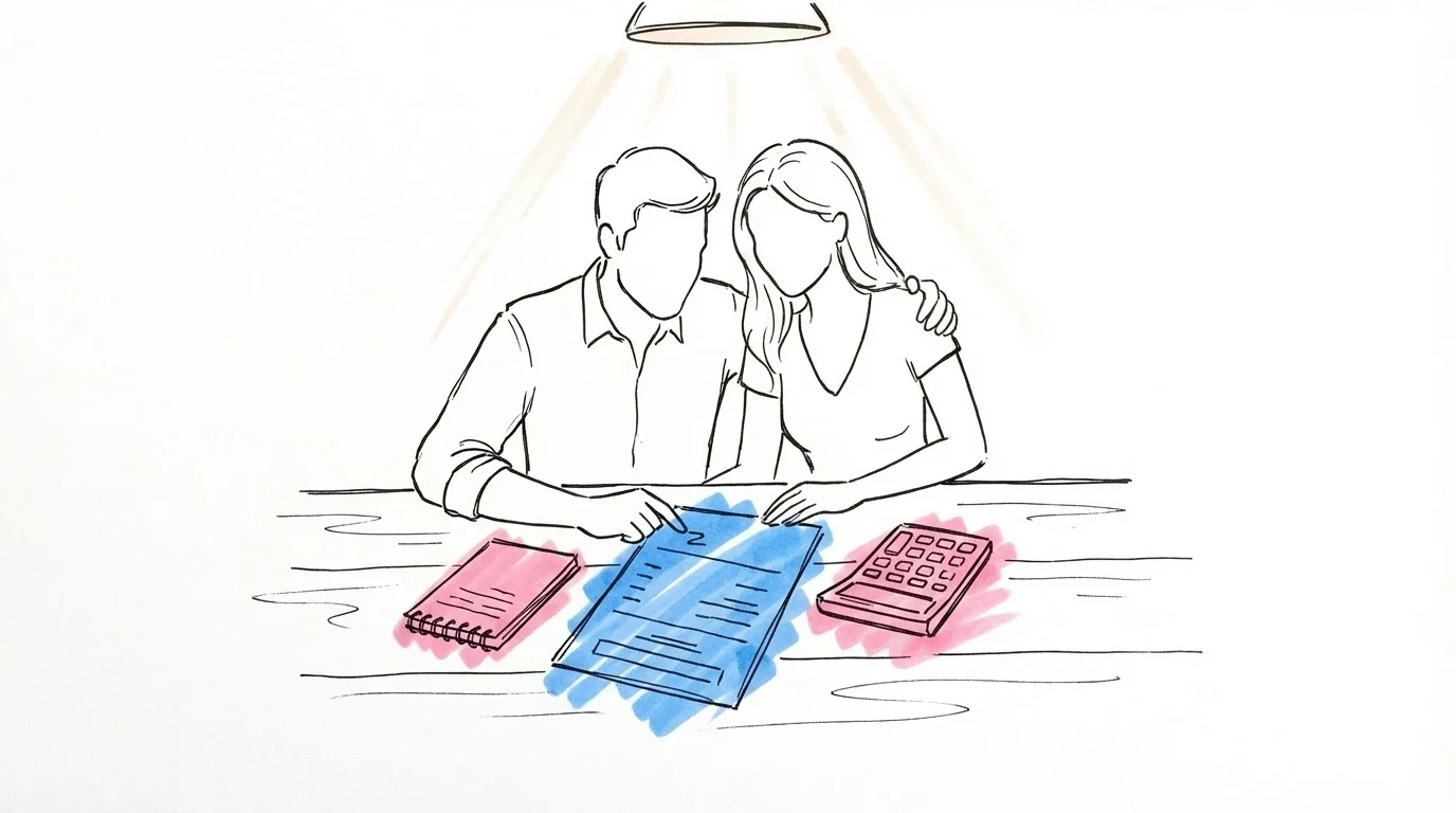 Kuvertpris bröllop 2026: ett par som granskar lokalens prislista med kalkylator och anteckningsblock, i Lovios rosa och blå illustrationsstil