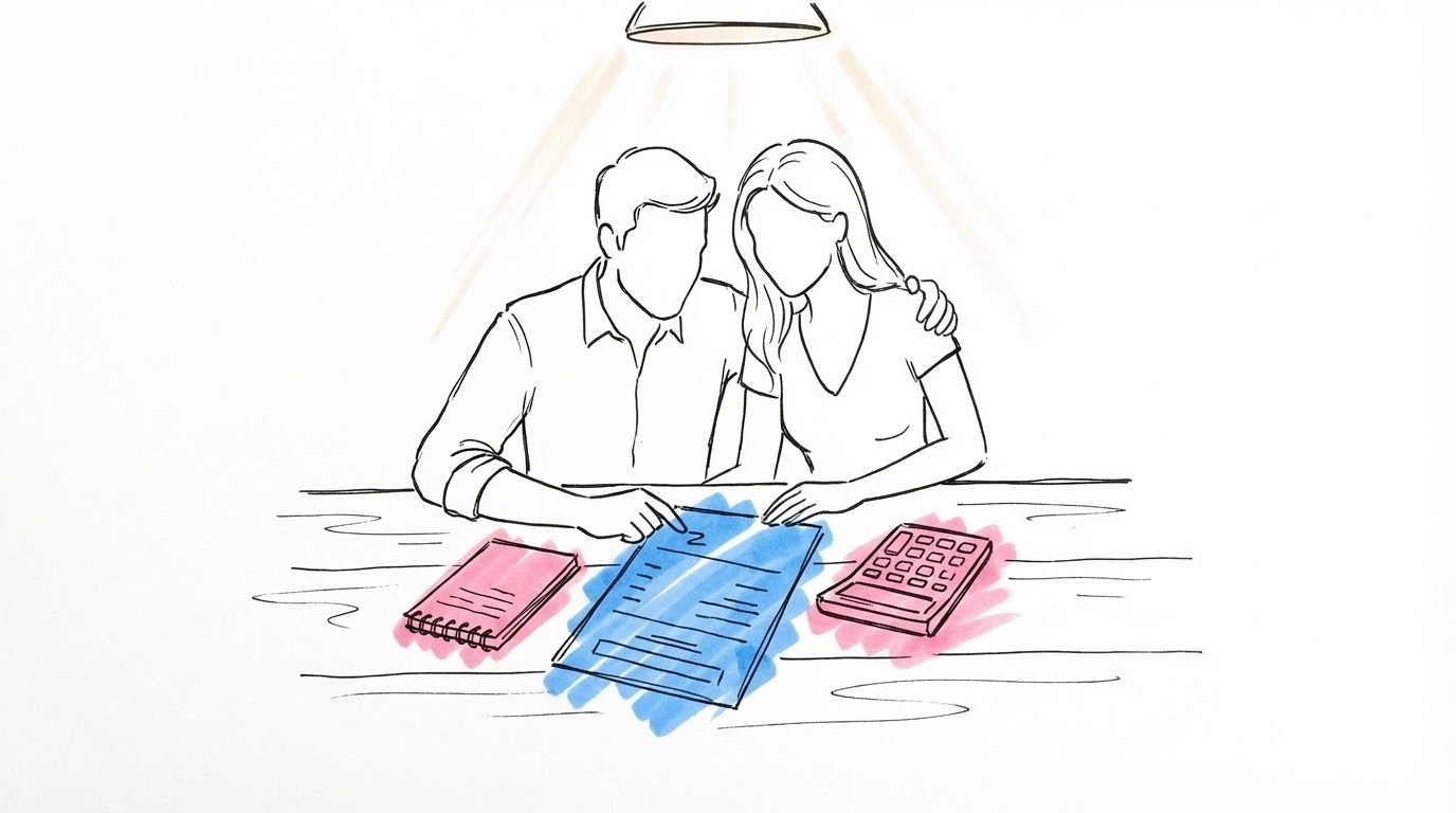 Kuvertpris bröllop: ett par som granskar lokalens prislista med kalkylator och anteckningsblock, i Lovios rosa och blå illustrationsstil