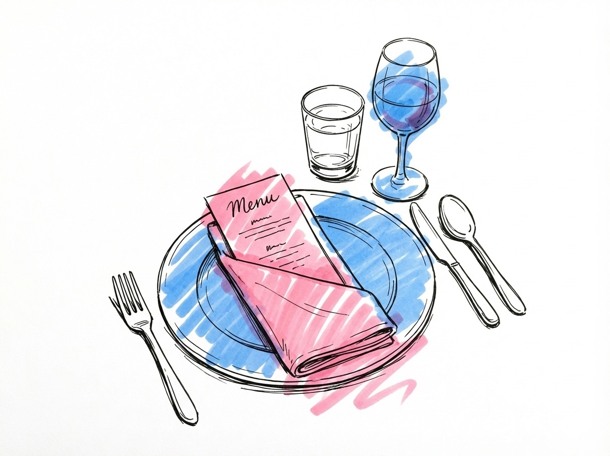 Ett vackert dukat middagsbord med tallrikar, glas, bestick och servetter — en bröllopsmiddag i Lovios rosa och blå illustrationsstil