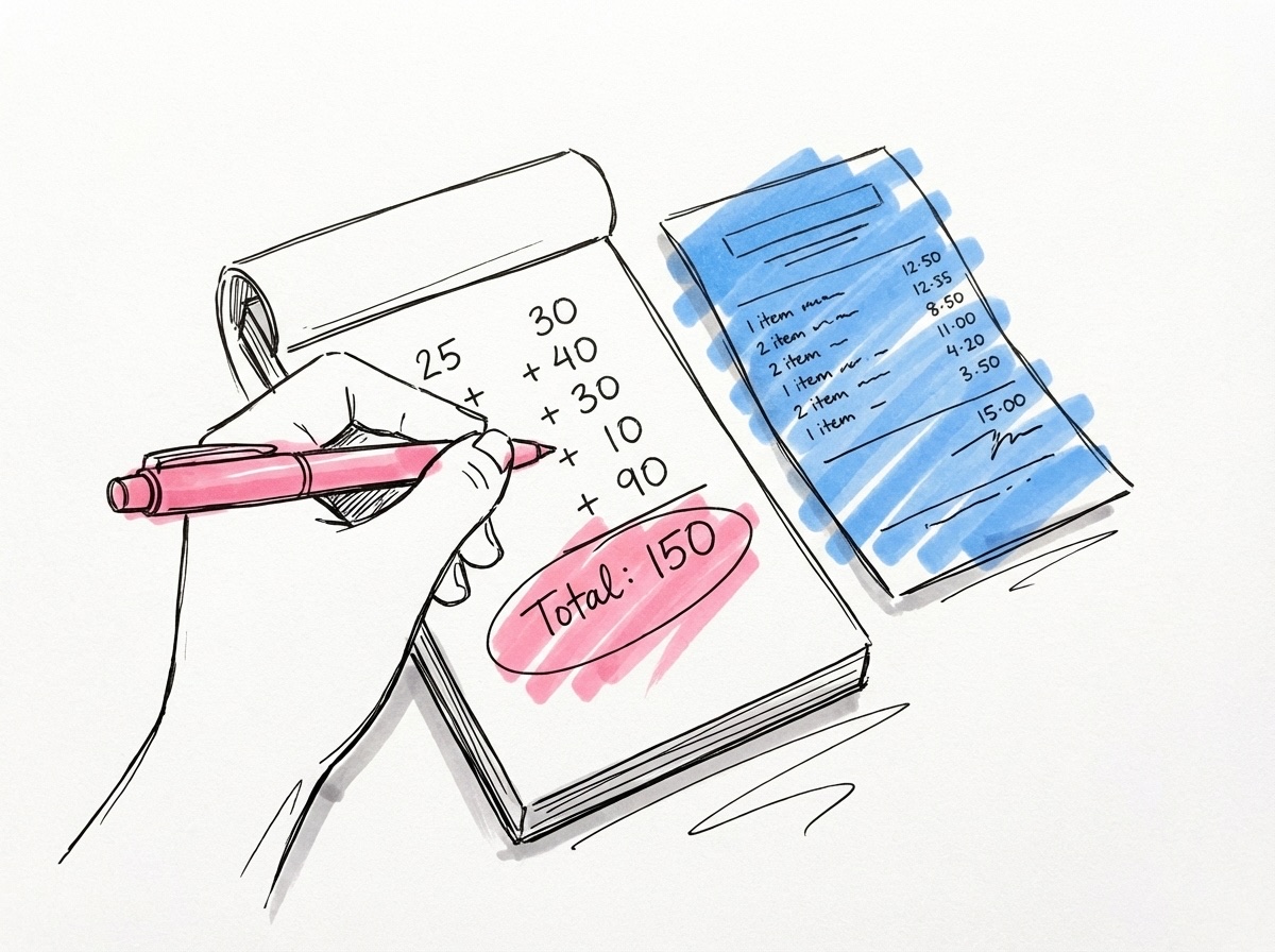 En hand som skriver beräkningar på ett anteckningsblock med siffror och ett kvitto bredvid, i Lovios rosa och blå illustrationsstil