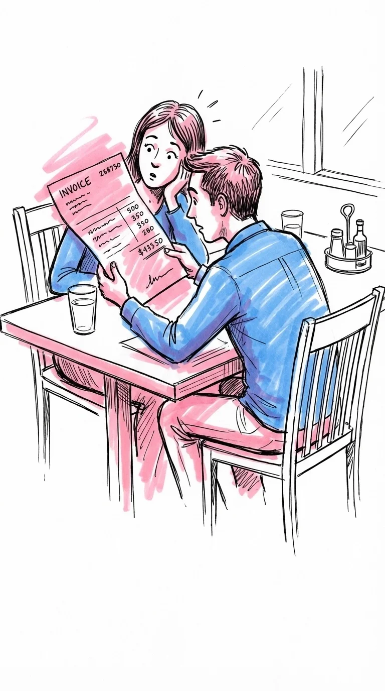 Ett förvånat par som tittar på en oväntad hög faktura, uttrycksfull hållning som visar mild chock, i Lovios rosa och blå illustrationsstil