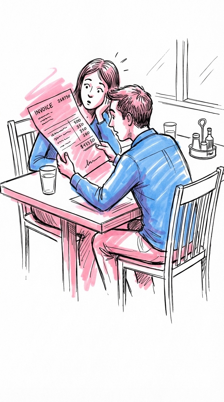 Ett förvånat par som tittar på en oväntad hög faktura, uttrycksfull hållning som visar mild chock, i Lovios rosa och blå illustrationsstil