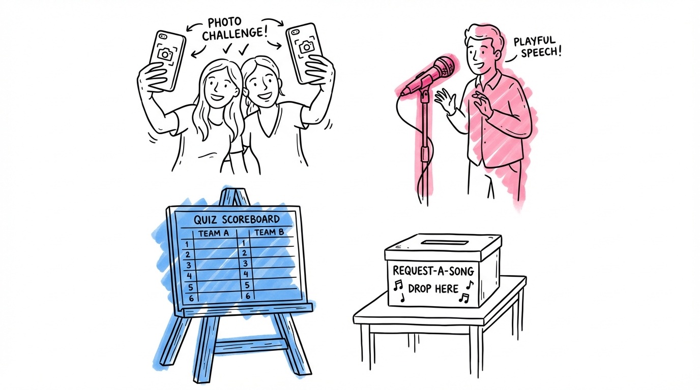 Illustration av partyaktiviteter: fotoutmaning, spontantal, quiz-tavla och önskelåda