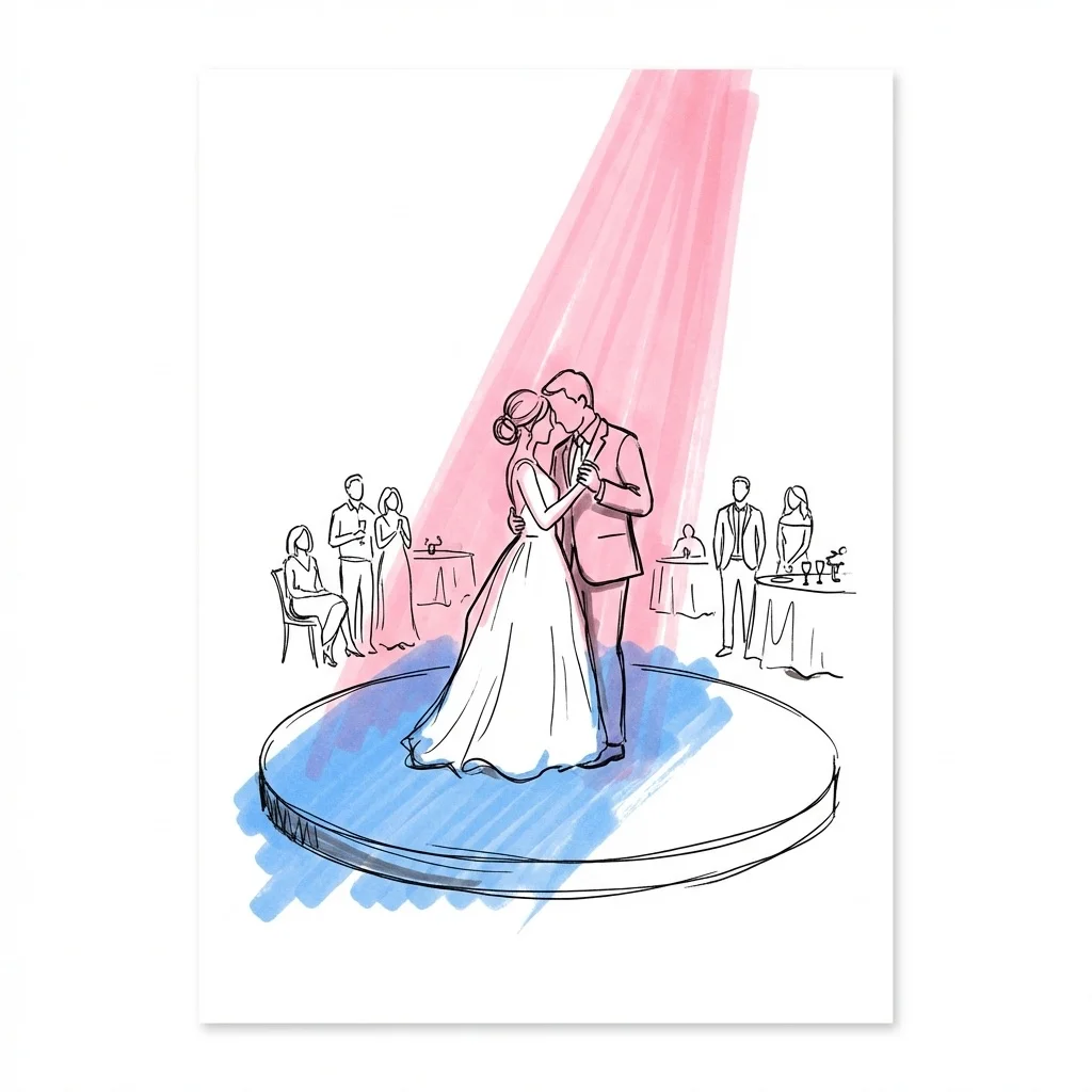 Illustration av brudpar som dansar sin brudvals med gäster som bildar en cirkel