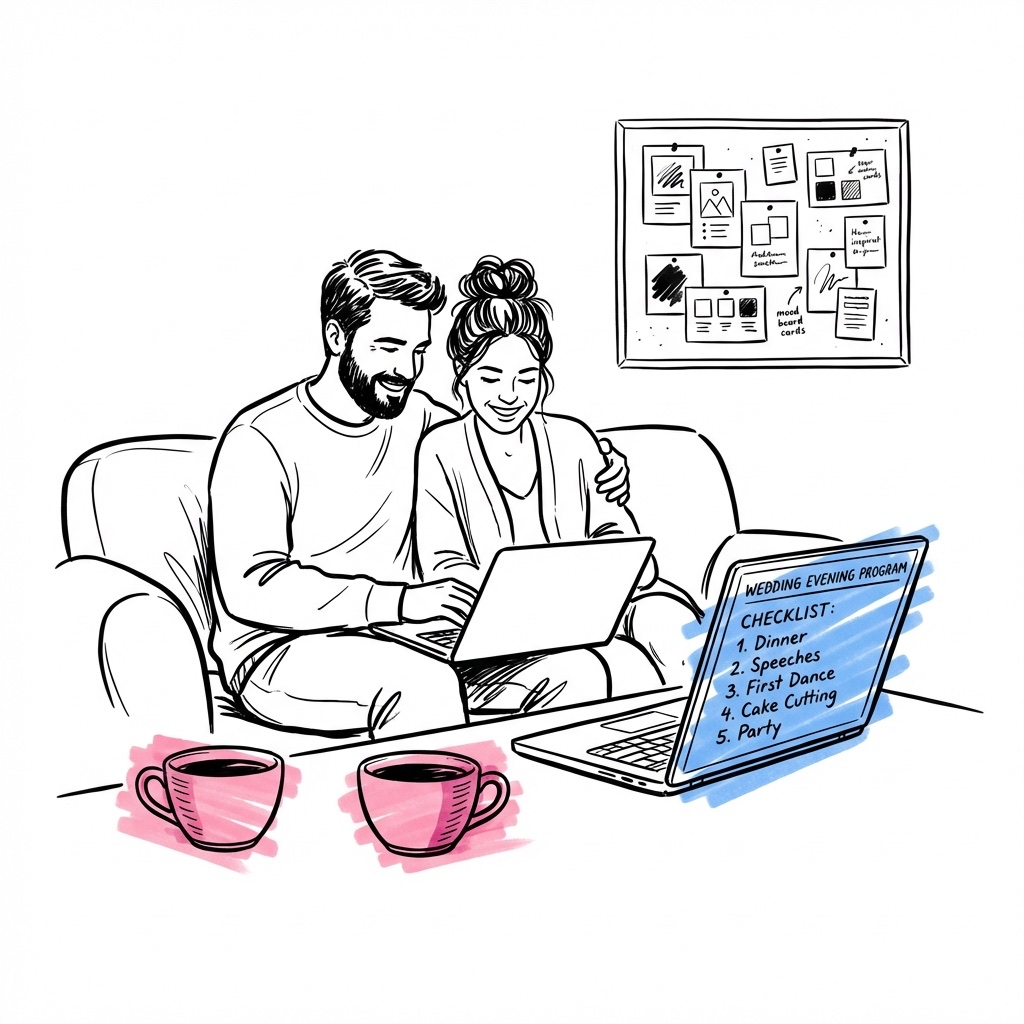 Illustration av par som planerar sitt kvällsprogram i Lovio på laptop